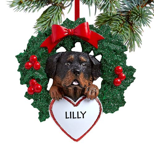 Personalized Rottweiler Dog with Wreath Christmas Ornament