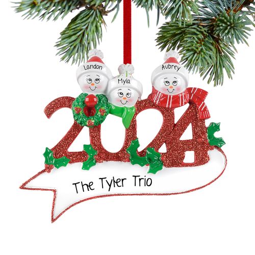 Personalized 2024 Snowman Family of 3 Christmas Ornament