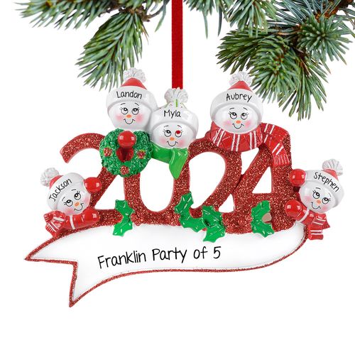 Personalized 2024 Snowman Family of 5 Christmas Ornament