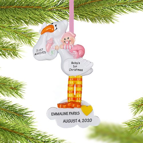 Personalized Stork Baby Pink Christmas Ornament