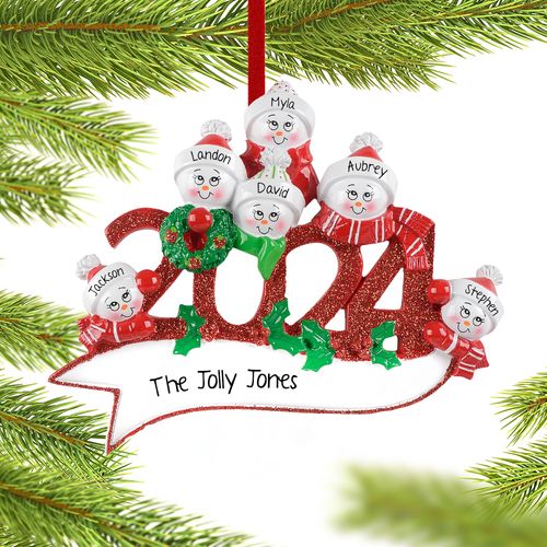 Personalized 2024 Snowman Family of 6 Christmas Ornament