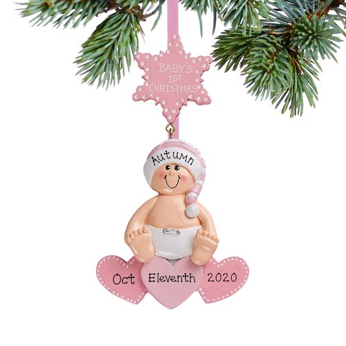 Personalized Baby On Hearts Pink Christmas Ornament