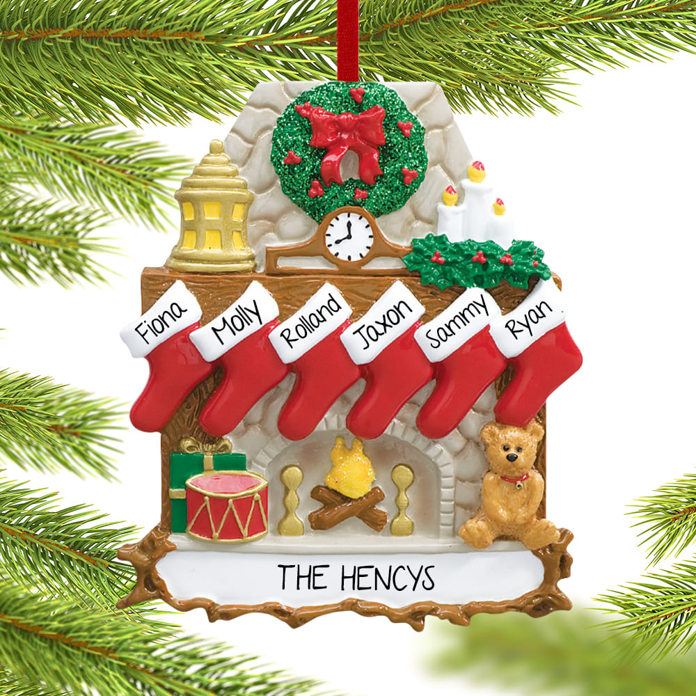 Personalized Fireplace 6 Stockings Christmas Ornament - Personalized ...