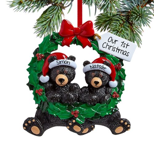 Personalized Black Bear Wreath Couple Christmas Ornament