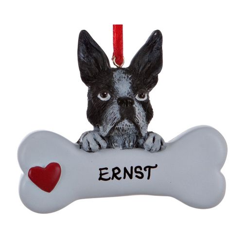 Personalized Boston Terrier Dog Bone Christmas Ornament