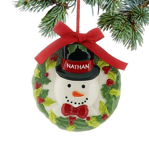 Personalized Ceramic Wreath Snowman Christmas Ornament