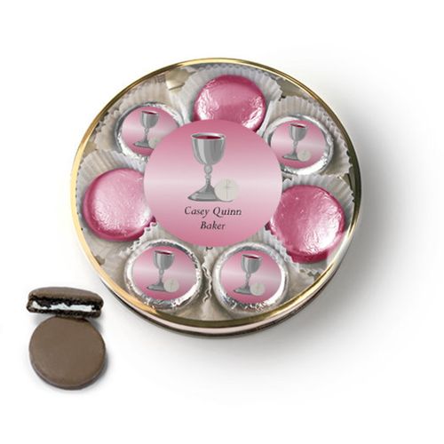 Personalized First Communion Pink Host & Silver Chalice Chocolate Covered Oreo Cookies Large Plastic Tin