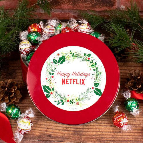 Personalized Christmas Gift Tin Add Your Logo Simple Holiday Wreath with Lindor Truffles by Lindt