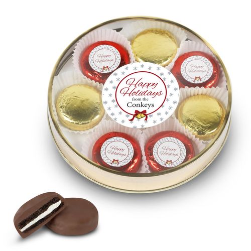 Personalized Chocolate Covered Oreo Cookies Happy Holidays Gold Large Plastic Tin