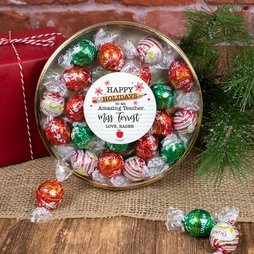 Personalized Christmas Amazing Teacher Large Plastic Tin with Lindor Truffles by Lindt - 20pcs