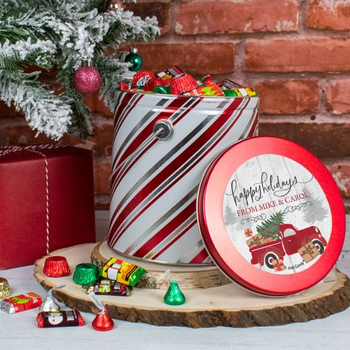 Personalized Personalized Rustic Red Truck Happy Holidays Hershey's Mix Tin - 3.7 lb