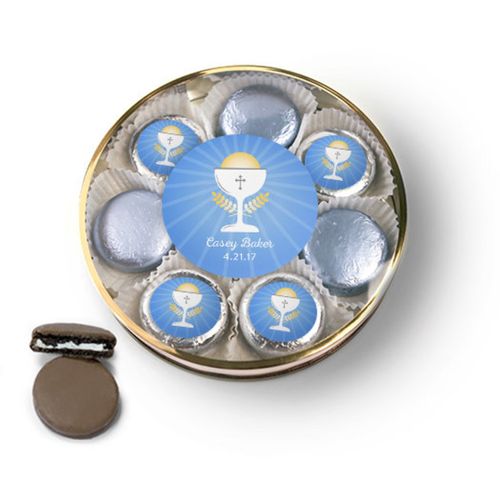 Personalized First Communion Blue Chalice & Holy Host Chocolate Covered Oreo Cookies Large Plastic Tin