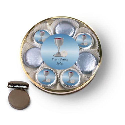 Personalized First Communion Blue Host & Silver Chalice Chocolate Covered Oreo Cookies Large Plastic Tin