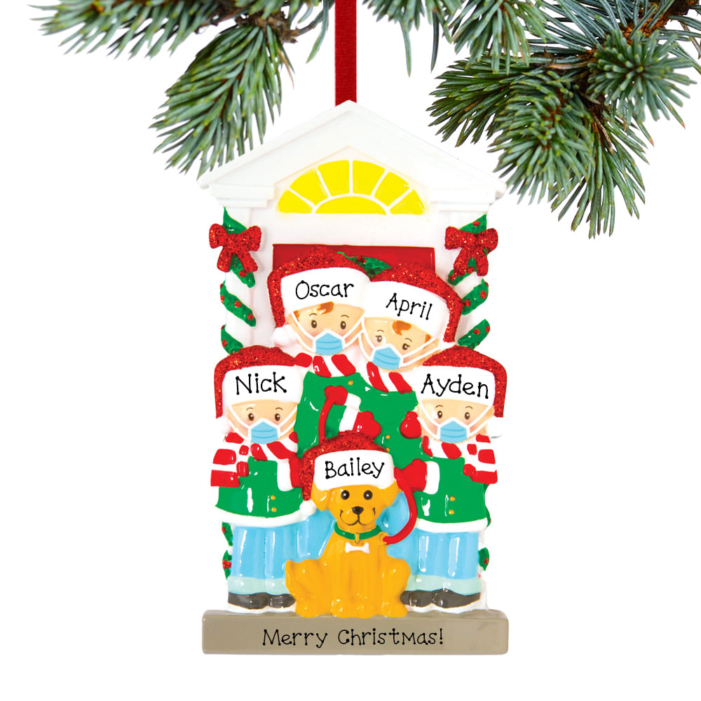 Personalized Social Distance Family of 4 with Dog Christmas Ornament ...