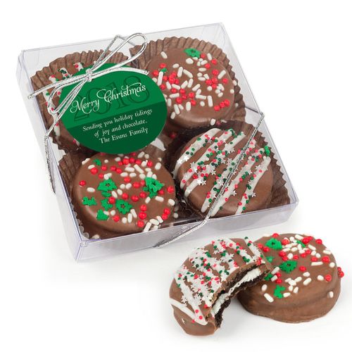 Personalized Gourmet Belgian Chocolate Covered Oreo Cookies Christmas Holiday Glitter 4pc Gift Box
