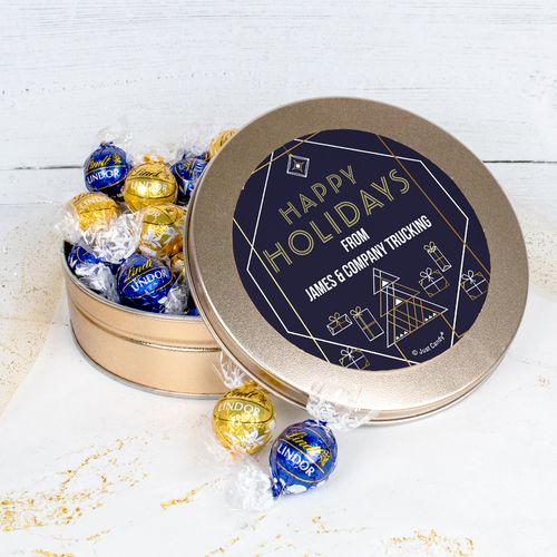 Personalized Christmas Holiday Deco Blue and Gold Tin with Lindor Truffles by Lindt - 24pcs