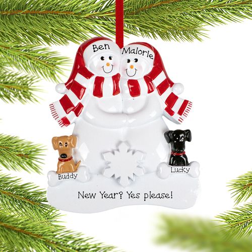 Personalized Snowman Couple with 1 Brown and 1 Black Dog Christmas Ornament