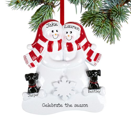 Personalized Snowman Couple with 2 Black Dogs Christmas Ornament