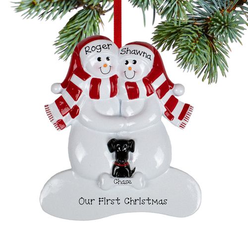 Personalized Snowman Couple with 1 Black Dog Christmas Ornament