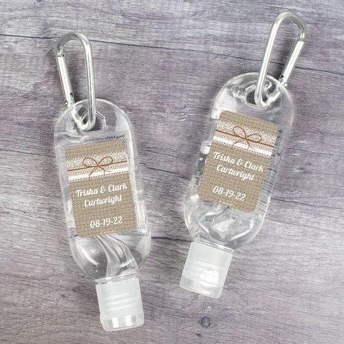 Personalized Hand Sanitizer with Carabiner 1 fl. oz bottle - Wedding Burlap and Lace