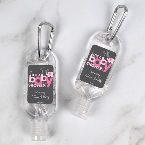 Personalized Hand Sanitizer with Carabiner 1 oz Bottle - Baby Shower Elephant