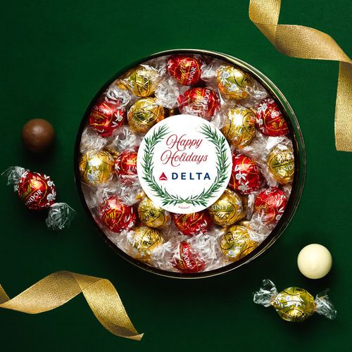 Personalized Happy Holidays Winter Greenery Large Plastic Tin with Lindor Truffles by Lindt - 20pcs