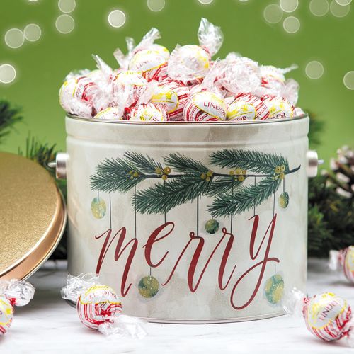 Very Merry White Chocolate Peppermint Lindor Truffles by Lindt (Approx 50pcs) - 1.36 lb Tin