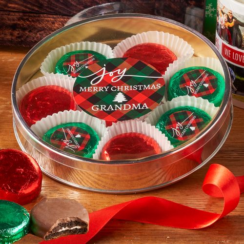 Personalized Christmas Joy in Plaid Chocolate Covered Oreo Cookies Large Plastic Tin