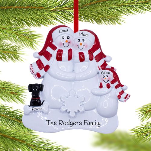 Personalized Snowman Family of 3 with a Black Dog Christmas Ornament