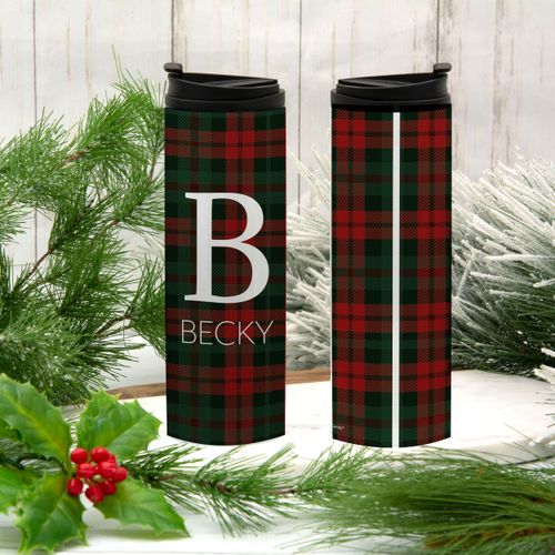 Personalized 16oz Stainless Steel Thermal Tumbler- Red Plaid Monogram