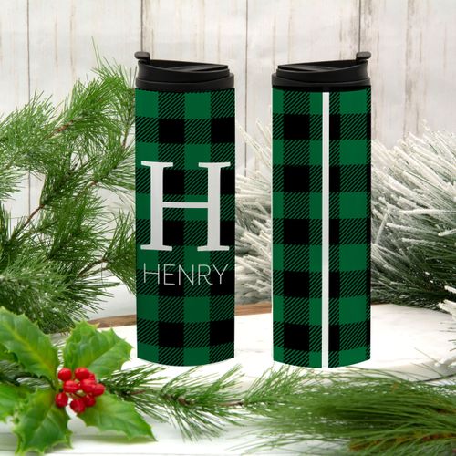 Personalized 16oz Stainless Steel Thermal Tumbler- Green Plaid Monogram