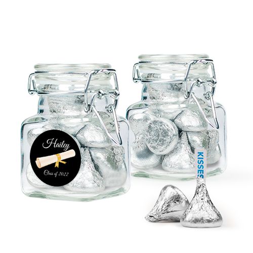 Personalized Yellow Graduation Favor Assembled Swing Top Square Jar with Hershey's Kisses