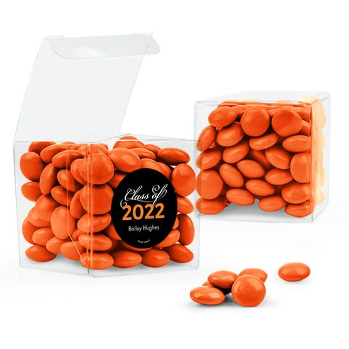 Personalized Orange Graduation Favor Assembled Clear Box with Just Candy Milk Chocolate Minis