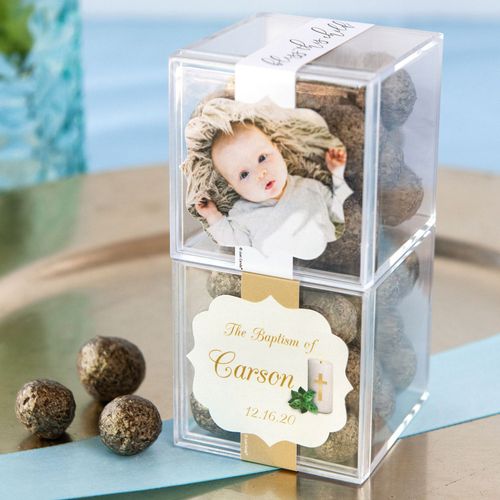Personalized Baptism JUST CANDY® favor cube with Premium Sparkling Prosecco Cordials - Dark Chocolate