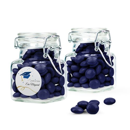 Personalized Blue Graduation Favor Assembled Swing Top Square Jar with Just Candy Milk Chocolate Minis