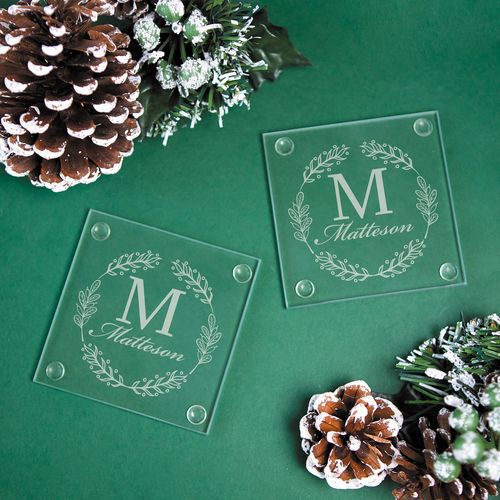 Personalized Glass Coaster, Monogram Wreath (Set of 4)