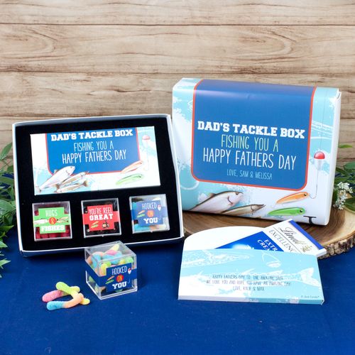 Personalized Father's Day Tackle Box Premium Gift Box with Lindt Milk Chocolate Bar & 3 JUST CANDY� favor cubes