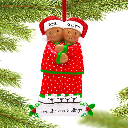 Personalized African American Pajama Siblings Christmas Ornament