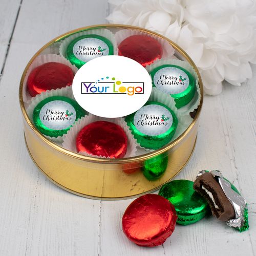 Personalized Chocolate Covered Oreo Cookies Add Your Logo' Merry Christmas Gold Extra-Large Plastic Tin