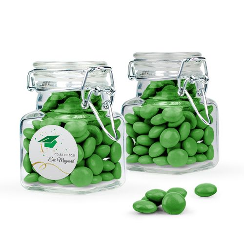Personalized Green Graduation Favor Assembled Swing Top Square Jar with Just Candy Milk Chocolate Minis