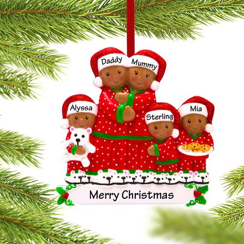 Personalized African American Pajama Family of 5 Christmas Ornament