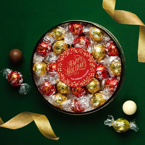 Personalized Christmas Gold Leaves Large Plastic Tin with Lindor Truffles by Lindt - 20pcs