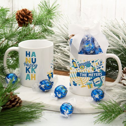 Personalized Happy Hanukkah Icons 11oz Mug with Lindt Truffles