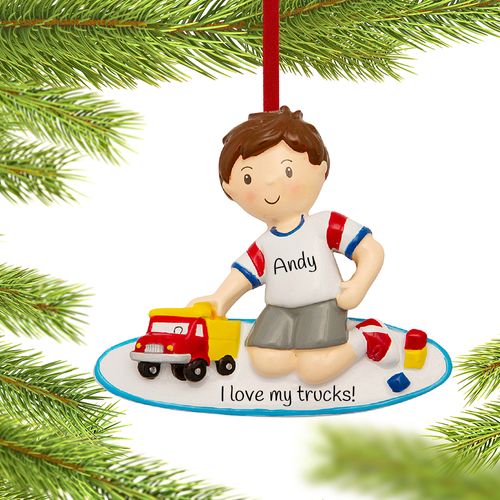 Personalized Boy Playing with Toy Truck Christmas Ornament