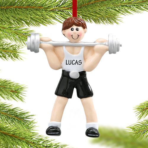 Personalized Weightlifter Male holding a Barbell Christmas Ornament