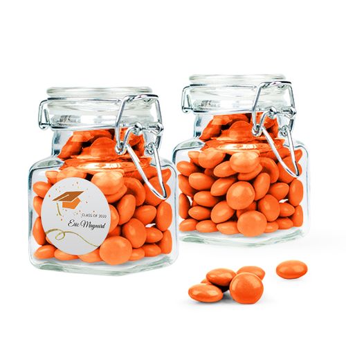Personalized Orange Graduation Favor Assembled Swing Top Square Jar with Just Candy Milk Chocolate Minis