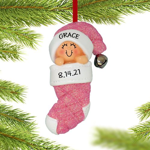 Personalized Baby Girl in Glittered Stocking Christmas Ornament