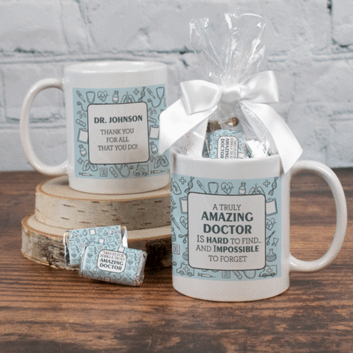 Personalized Thank You Doctor 11oz Mug with approx. 24 Wrapped Hershey's Miniatures