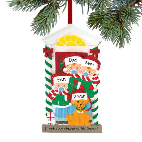 Personalized Social Distance Family of 3 with Dog Christmas Ornament