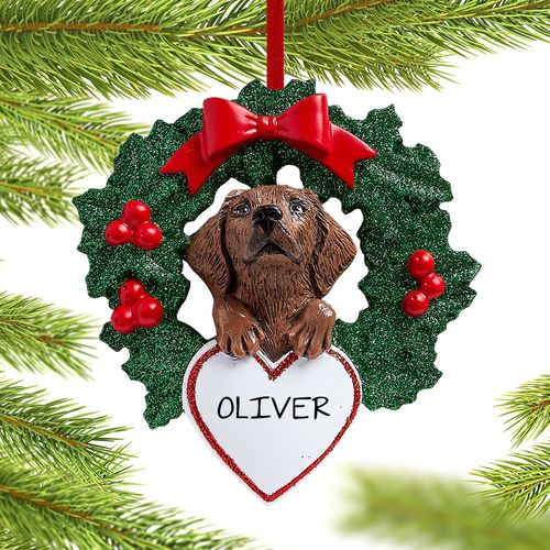 Personalized Chocolate Lab Dog with Wreath Christmas Ornament